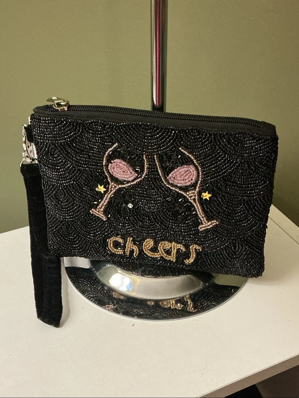 BACCI Black Beaded Wristlet Clutch Pink Wine Glass Embellishment NWT